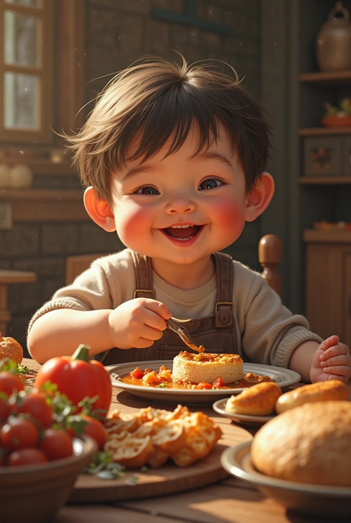 A boy eat meat 