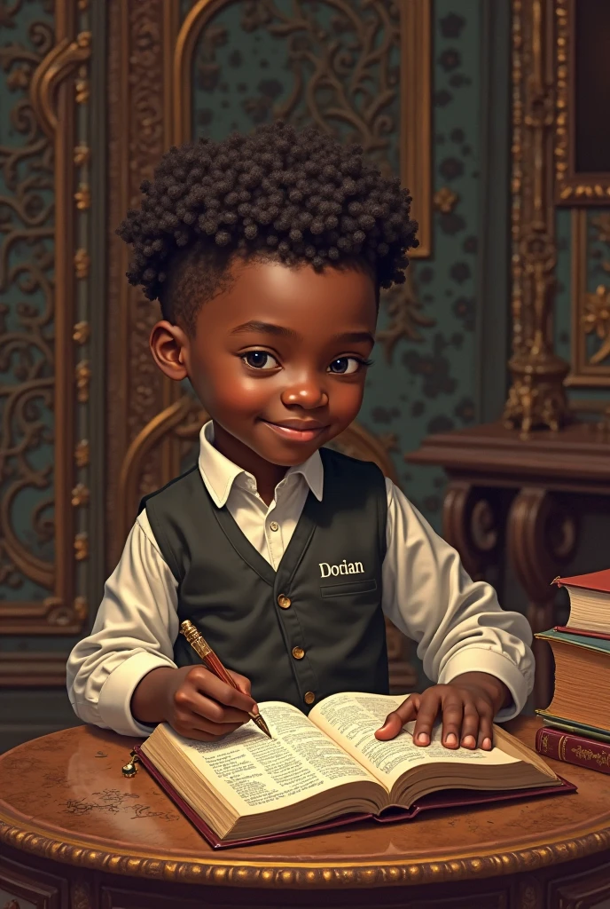 Painting by Jean-Baptiste Monge depicting a black boy with a small penguin reading book in the library, (Pixar Style)++, Jean-Baptiste Monge, inside the library, bookshelves, reading tables, books --Ar 2:3 --testp -optimist; --auto --s2