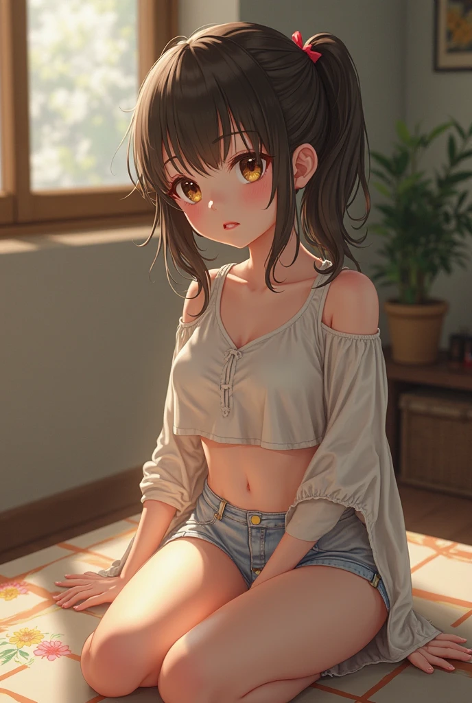 cute dog girl, ((dog collar)), ((dog ears)), ((wagging dog tail)), joyful expression, inside a cozy room (soft lighting, comfortable furniture), playful pose, wearing jean shorts, crop top, 8k, UHD, masterpiece, vibrant colors, intricate background, warm atmosphere, light streaming through windows