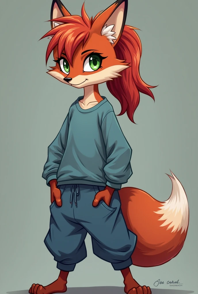 1girl, zoologist, tail, green sleeveless shirt, blue shorts, belt, sturdy boots, red fuzz, orange hair, fox ears, fox fluffy tail, furry