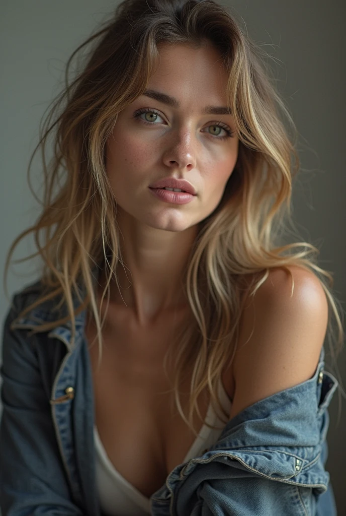 1girl,solo,long hair,breasts,looking at viewer,blonde hair,shirt,cleavage,jewelry,green eyes,white shirt,upper body,open clothes,necklace,bra,lips,open shirt,wavy hair,freckles,realistic,nose,unbuttoned