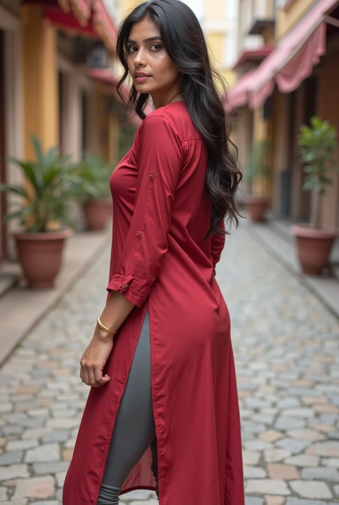 a naturist malayali female supermodel, wearing a short dark red kurti without pants no wearing pants bottomless show hairy pussy, adult, 20-year-old, (cute pretty beautiful face), ((beautiful eyes)), ((beautiful nose)), ((beautiful lips)), very long hair, (((beautiful legs))), artgerm style, artstation style, full perspective, full-length portrait, full body shot, head-to-toe shot, 8K