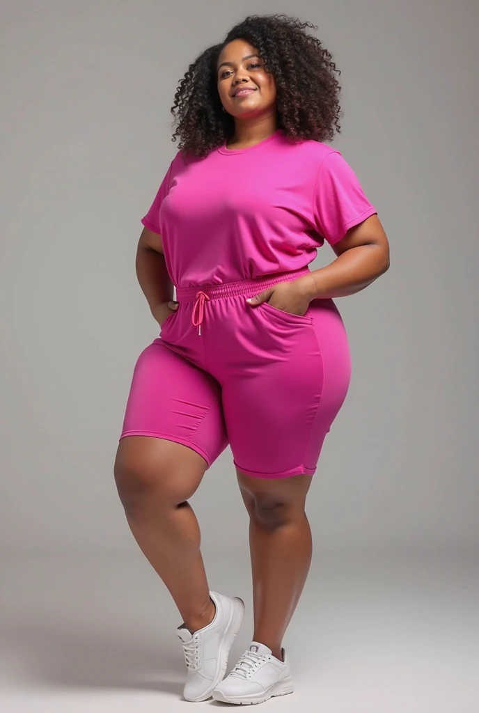1girl, thick and curvy, brown skin, long curly brown hair with bangs, brown eyes, cute pink outfits