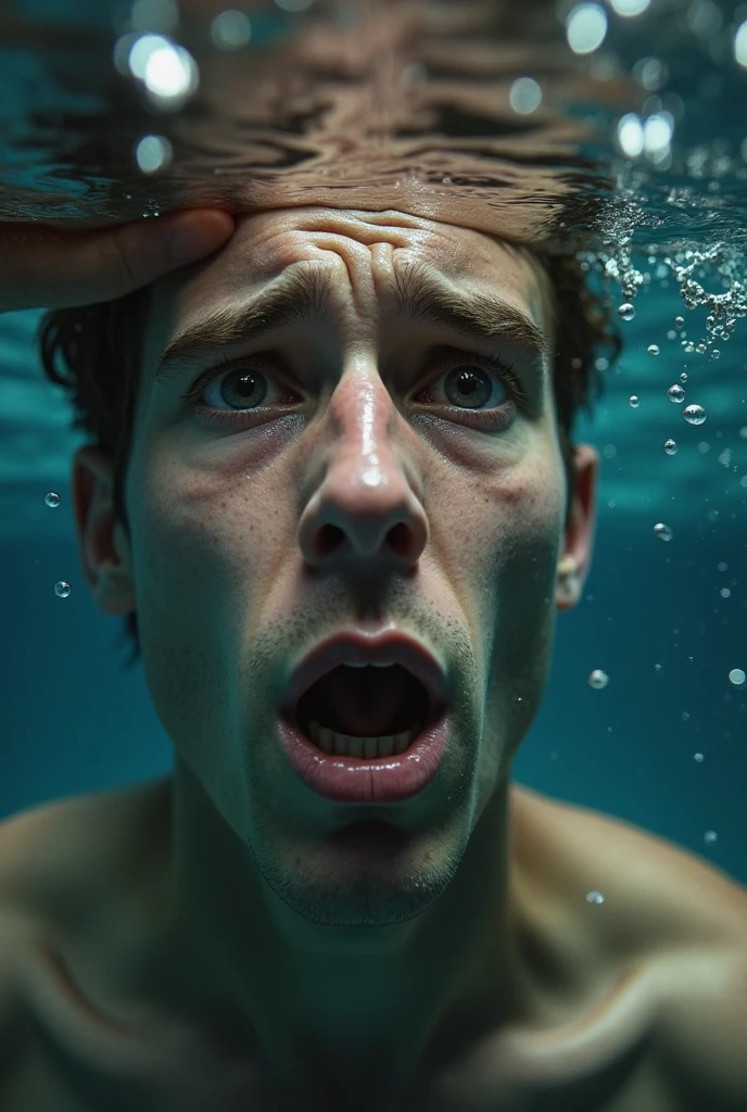 Crea un hombre gordo y musculoso y masivo con sobrepeso como derek lunsford, con una cadena alrededor de su cuerpo, He is lying on his back at the bottom of the sea underwater and massively expels hundreds of bubbles from his mouth, with black swimsuit, On his wrist he wears a large watch and his mouth is wide open and his face is panicked.