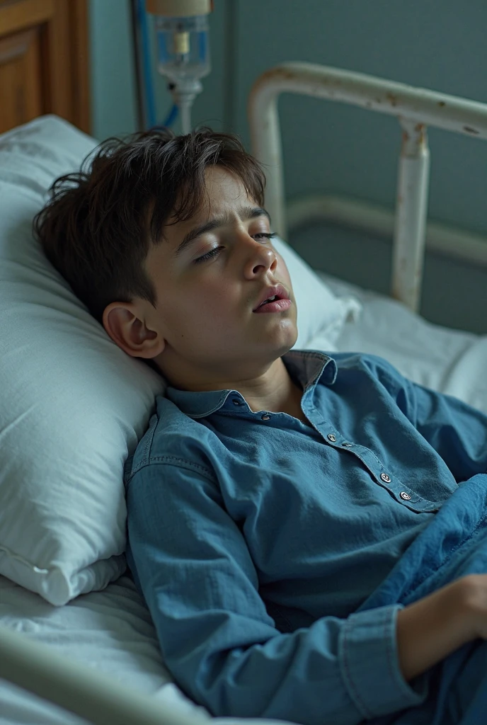 A boy is lying on a hospital bed, with the bed and the entire man visible
