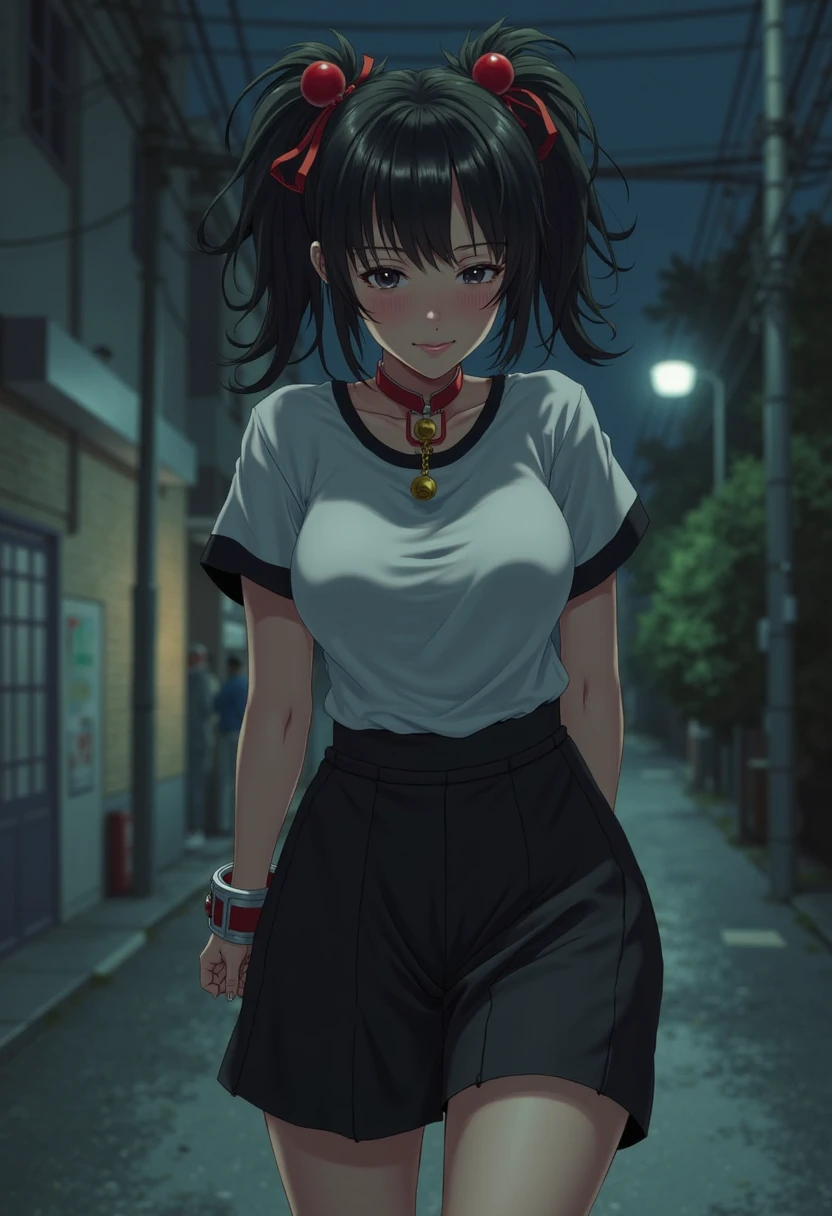 Woman in a raining City, she is wearing only a wet see through shirt, ((the view is from below her body and she is looking down at the viewer)), pussy view, hands on hips, city background with buildings trees and paths, rain drops, raining sky, water drops, the woman has a wolf ear and tail, wolf cut hairstyle with black hair, angry face and open mouth showing her sharp teeths, she has no underwear and is only using a wet white shirt, nsfw, exposed body, masterpiece anime art style, ultra dynamic, detailed background.