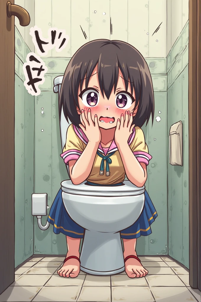 Cute School girl seated in toilet stomachache anime