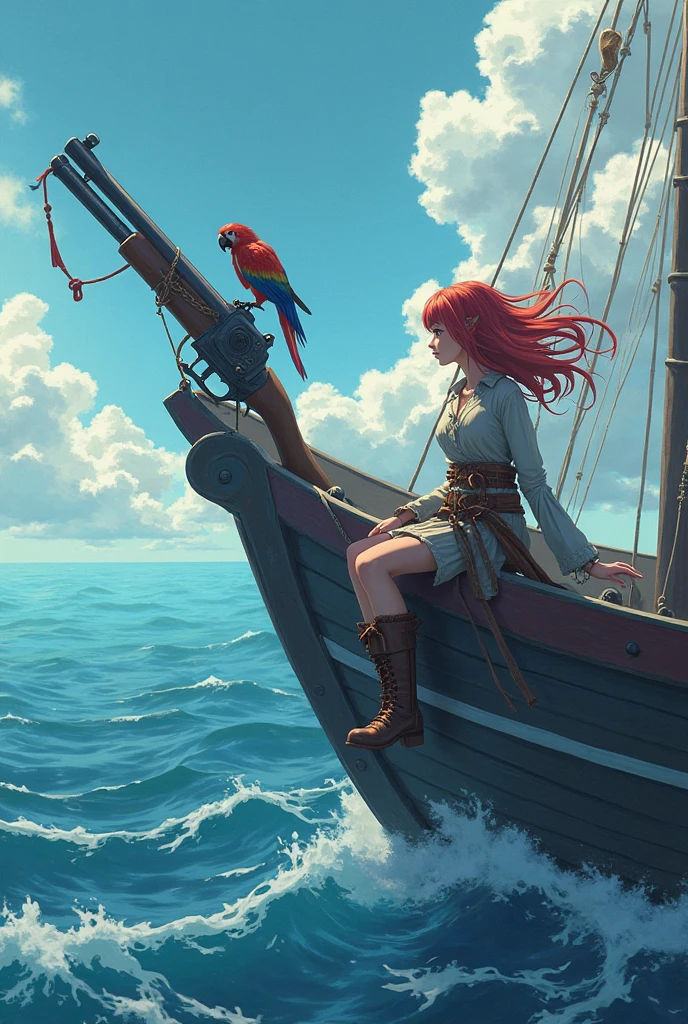 Nami from one piece, full body ,curvy figure, chin-length, ginger (orange) hair and brown eyes, a black tattoo on her left shoulder, eyes are brown, on a pirate ship background, beautiful sea scenery