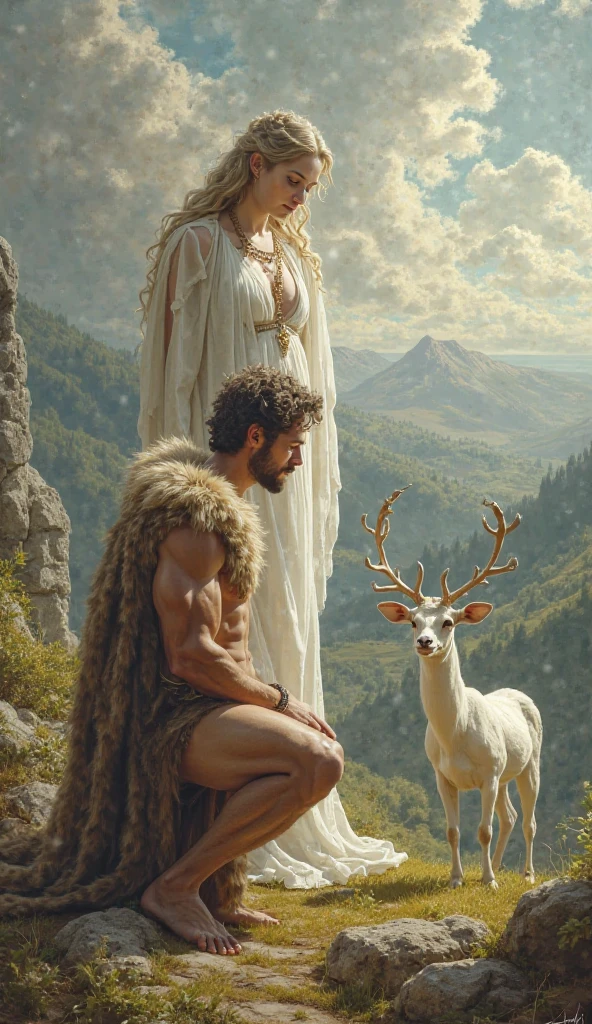 on the beach, 5 small full body, naked, naked woman lie on ground, small man riding white horse white looking back, white feather cloak, shield, bow, sword, female greek god, white hair, masculine, mature, naked, hairy torso, fantasy, intricate, elegant, highly detailed, digital painting, artstation, concept art, smooth, sharp focus, illustration, art by gaston bussiere and alphonse mucha, almost naked