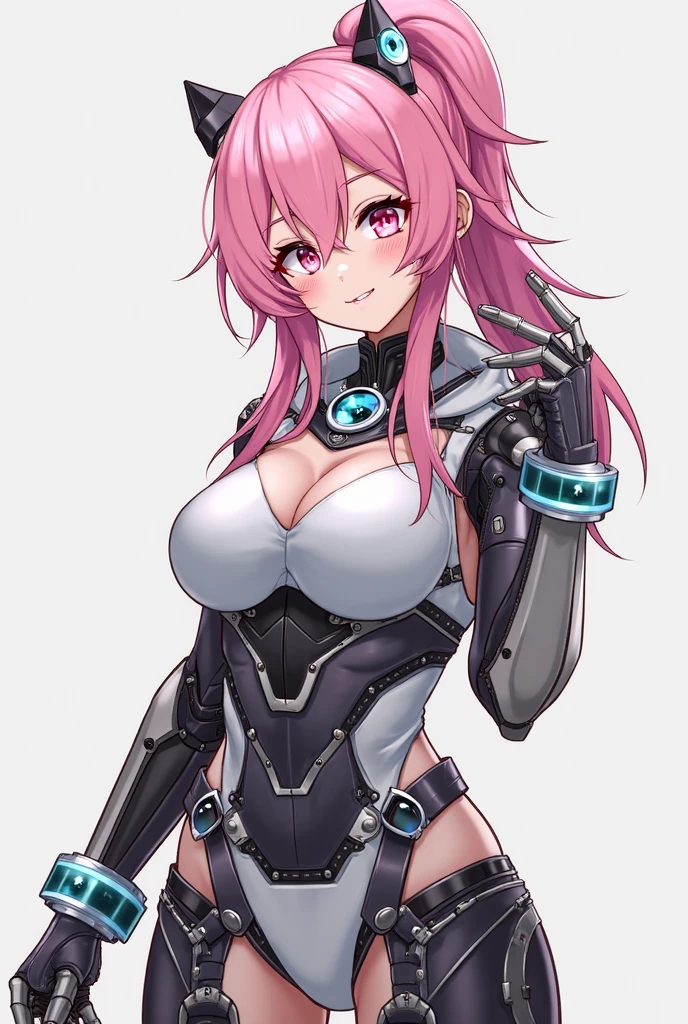 Milf, woman in a futuristic suit, highly detailed face, cool, mom, tomboy, very large breast, (Milf), mature face, (mature female), battlesuit, cybersuit, anime girl wearing tight suit, milfication, Elegant body, navel focus, naked body, gloves, earrings, legs armor, science fiction, female protagonist, standing, volumetric light, detailed lighting, detailed textures, oppai cyberpunk, biomechanical oppai, masterpiece, best quality eyes, sci-fi background, futuristic landscape,pink long hair,animal ears headband