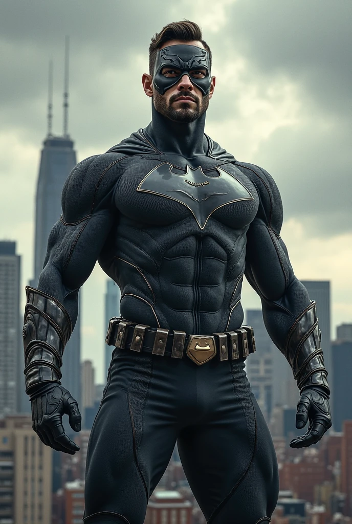 An illustration of Batman, a Greek god with a muscular build, cabello corto y barba pulcra............., nalgon, designed in modern western attire............. El escenario es una ciudad cosmopolita............, evoking a classic cold atmosphere, sin dejar de mantener el aura poderosa y regia del dios. jeans