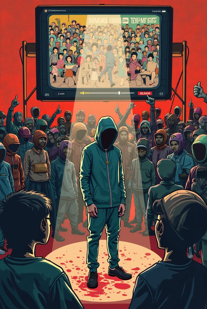 One man standing with ski mask and bandana covering his face standing in the middle of a war field. Microphone in front of his face on a mic stand connected with a snake instead of a wire. Dangerous look in his eyes. Sun shining and birds flying in the sky. 100 of boys in background smoking, throwing champagne and everyone excited and going crazy. People holding cardboard saying Mumbai and 56. The man Standing still beneath him there are many dead bodies laying face down dressed in hip hop clothing and complete blood bath on the ground.