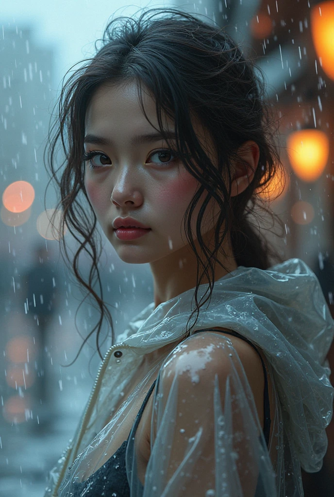(Masterpiece at maximum 16K resolution: 1.6), (intricate details: 1.4), (extremely insane details: 1.4), (highest quality: 1.3), (hyper_realistic: 1.3 ). Japanese cute Woman looking at the sky, deep emotions, tears running down her face, soft raindrops, fresh vegetation, shiny wet pavement, expressive eyes, pensive expression, sadness, delicate features, long flowing hair, wet clothes, ethereal atmosphere, misty atmosphere , moody lighting, dramatic composition, subtle shadows, emotional charge, melancholic atmosphere, vibrant colors, soft color palette, rainy day aesthetic, raw beauty, moving moment, captivating composition, pain and vulnerability, contrast of beauty and sadness, drops of rain tracing eyelashes and cheeks, loneliness in the crowd, defining moment in your life, hope lingering in your eyes. , (((More_Details))).