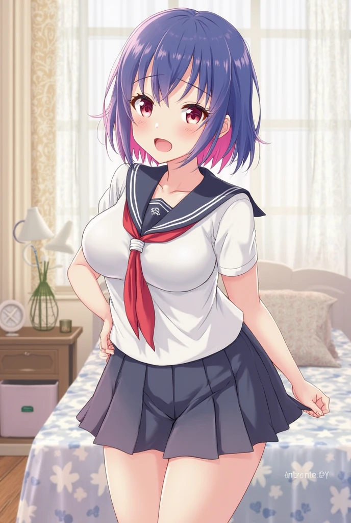 Girl in black white Navy sailor with stockings blue hair red eyes Short skirt with small breasts show panties pink In room Great quality 2k masterpiece