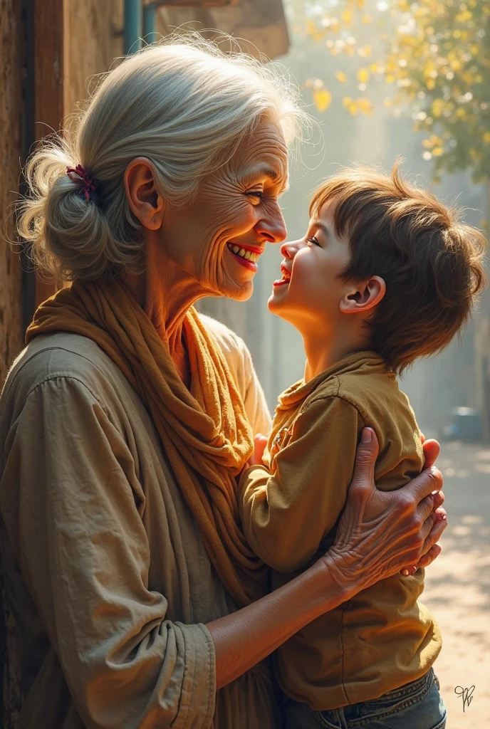 Sun image with face kissed grandmother on chicks