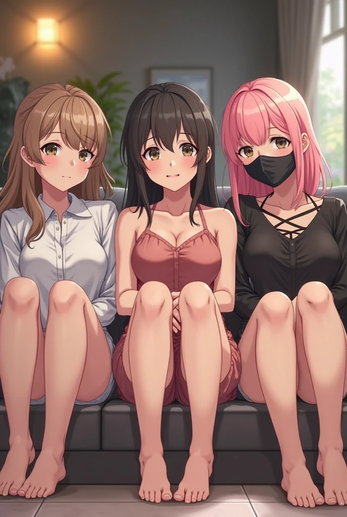 long hair, breasts, looking at viewer, smile, multiple girls, skirt, large breasts, brown hair, black hair, thighhighs, navel, cleavage, brown eyes, jewelry, sitting, underwear, jacket, pleated skirt, earrings, small breasts, open clothes, indoors, 3girls, miniskirt, blunt bangs, necklace, black footwear, bra, open jacket, lips, black jacket, from above, chair, looking up, breasts apart, pink skirt, white bra, plump, hoop earrings, mature female, red lips