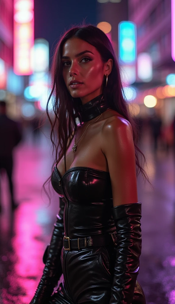 Black Latex dress withou straps Georgina rodriguez long black ponytail hairstyle red lipstick giant boobs heels long gloves