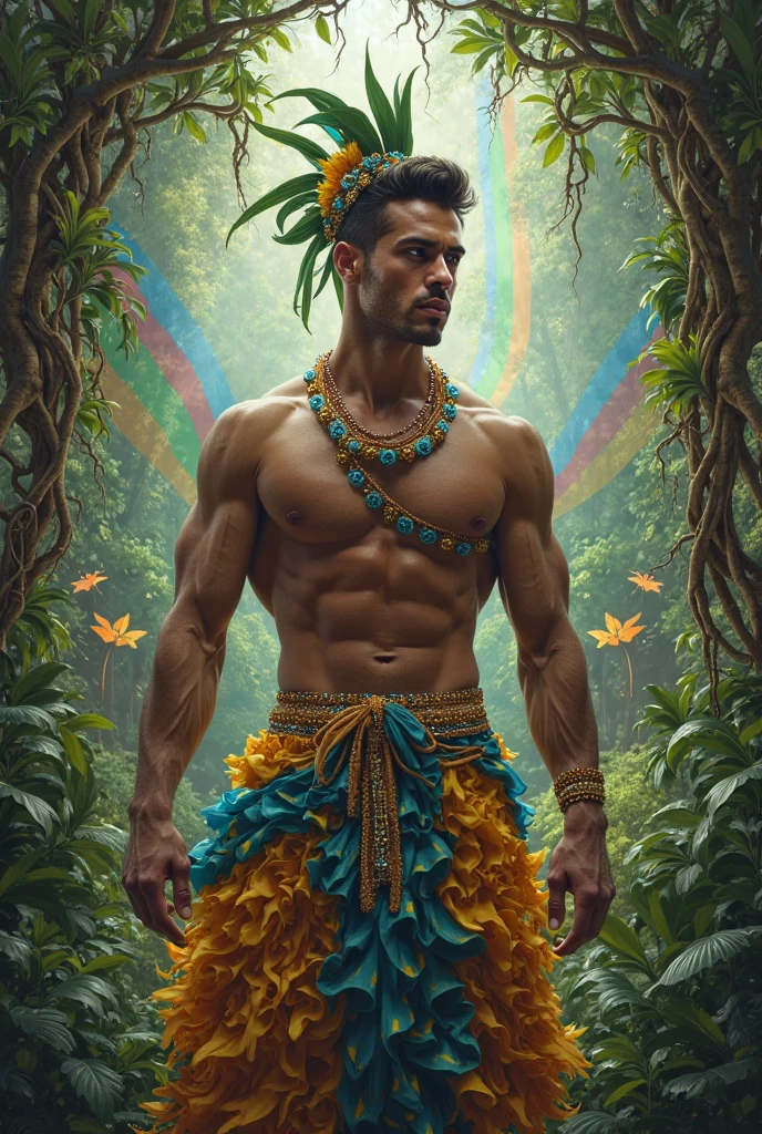 Handsome hairy muscular guy covering his croutch with flowers