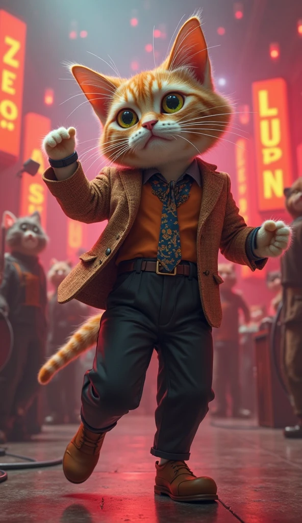 Cat Putting On Brown Jacket, Brown Shoe And Black Trousers Dancing Dj YK Mule Beats Sound