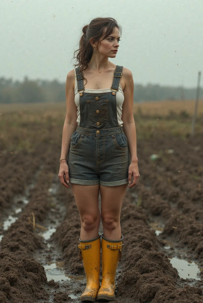 A  British busty woman looks into the distance and stands in a muddy field, dressed in  yellow rubber boots and dungarees