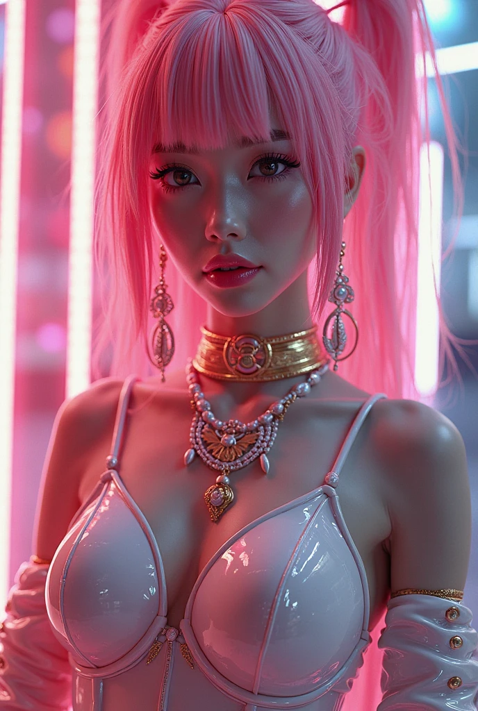 anime style, a closeup of a cartoon of a woman with ears and rabbit tail, with rabbit tail, with rabbit ears, girl design, mara, portrait, giesha, anime image, long hair, pink hair, hair covering ears, happy, polished and powerful look, exotic, tall  