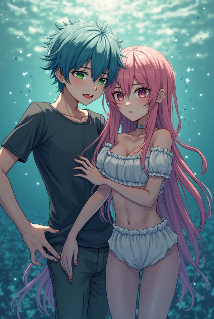 Rimuru Tempest, in its feminine form 1.90 meters with O cup breasts, golden eyes that shine with wisdom and shapely legs, She wears a blue swimsuit that accentuates her stunning and elegant figure while on the beach. She is hugging Izuku Midoriya, who, with his height of 1.66 meters, Thin but athletic build, youthful face with freckles and big green eyes full of determination, He wears a swimsuit with shorts that highlights his informal style in the sand. Rimuru, with her long, silky baby blue hair cascading down to her waist., He wraps his arms around Izuku., gently pressing her breasts against Izuku's back in a gesture of closeness and protection. The sun shines on them, and the sound of the ocean waves adds a touch of serenity to the moment, creating a scene of connection and warmth between these two characters from different worlds.