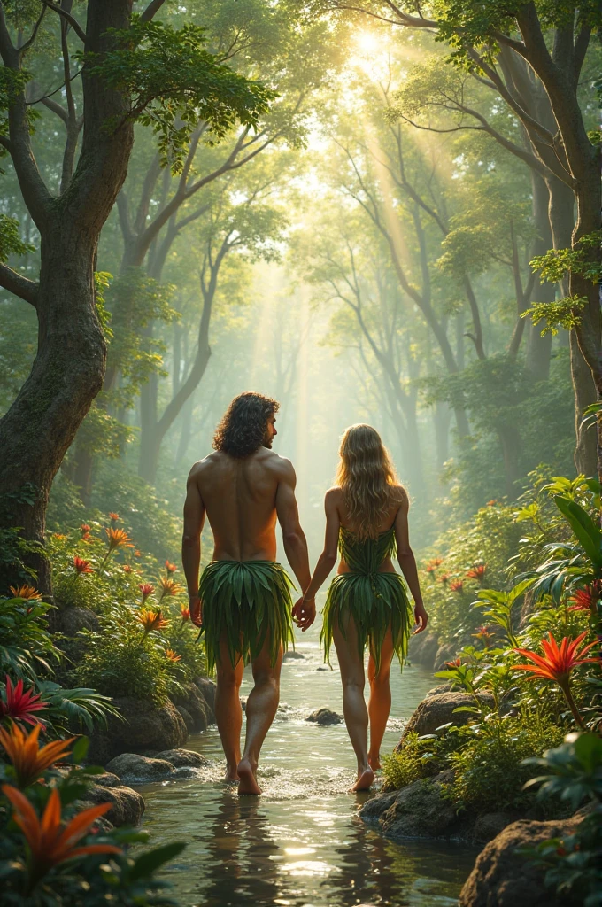 A highly realistic panoramic sunlight image of Tarzan and his blonde Jane, half-naked dressed in a loincloth of primeval man, both standing in the water next to a waterfall half surrounded by jungle trees in 10000 BC, HD photography, ultra-realistic, King Tut, 4k, hyper-realistic, sharp texture, colour