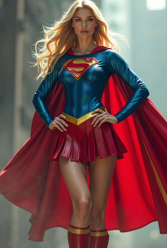 INSANELY SEXY, RIPPED MUSCULAR CHEST SUPERGIRL WEARING THE ORIGNAL GOLDEN AGE SUPERGIRL COSTUME FROM 1950. TRYING TO USE HER SUPER STRENGTH TO STOP A RUNAWAY TRAIN BY PICKING THE TRAIN UP WITH ONE HAND.