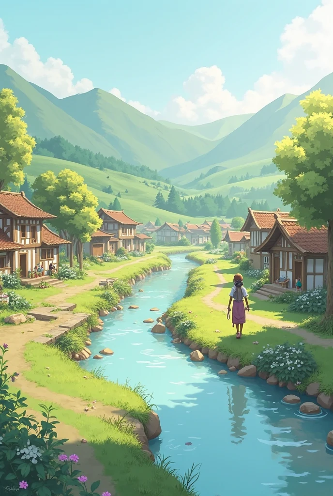 i want a picture where there is a person,a village,and a river