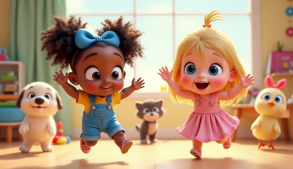 Two black girls with curly hair with scarf smiling, in denim overalls in the ball pit