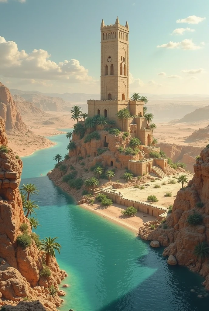 <hypernet:ArabicArchitecture:1> An Arabic mansion with a dome and minaret on a cliff overlooking the ocean during sunrise