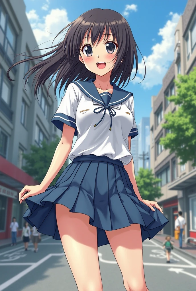 (masterpiece:1.3),( Highest quality:1.3), Super detailed, Ultra-high resolution、Details,1人のgirl, 1girl, 一人in, length_hair, Looking_in_Audience, short_hair, 前hair, black_hair, ribbon, hair_between_eye, brown_eye, girl, , Sailor suit, mini skirt, , null, Ocean、(Future City Port)、The wind is blowing、Perfect promotion、Fluttering skirt、The best smile、serafuku blue bow blue skirt plaid skirt、Beautiful woman、(Woman standing on a pier)、(Panty shot:1.3)、Beautiful Landscape、