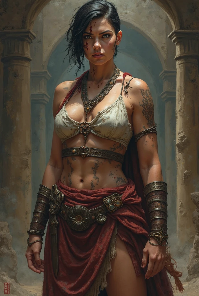 portrait painting of a muscular bloodied tribal girl butcher, tattooed, ultra realistic, concept art, intricate details, eerie, highly detailed, photorealistic, octane render, 8 k, unreal engine. art by artgerm and greg rutkowski and alphonse mucha