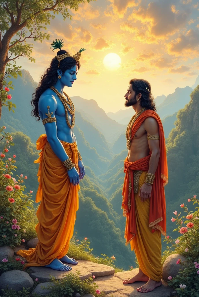 Krishna giving knowledge of Geeta to Arjuna nature beautiful