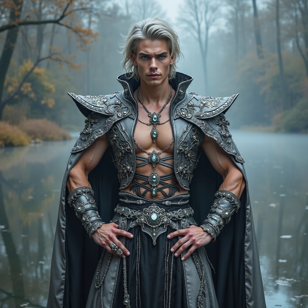 Young Man , ((( red + black outfit), snake jewelry and horns, long sleeves, wide sleeves, , embroidery, long skirt, North Prince outfit, long flowing white hair, detailed face, detailed green beautiful eyes, (intricate:1.3), (arcane aura:1.2), (dreamlike:1.3), (subtle mist:1.1),(vibrant colors:1.2), (detailed hair:1.3), (ultra realistic details:1.5),( she look like hell from North mythology)