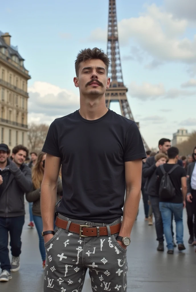 un hombre soltero, buen cuerpo, sexy, Blowing a kiss to the camera, sentado en la torre Eiffel