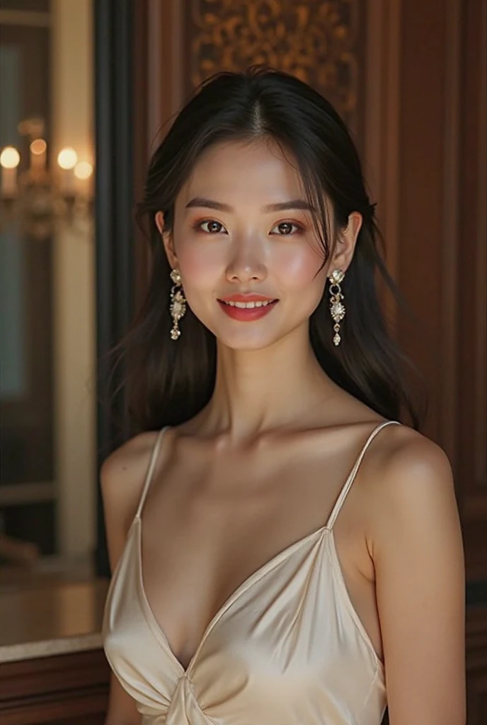 high quality, 8k, Ultra detailed, hdr, human only,
highest quality, masterpiece, High resolution,
Photoreal, RAW photo, 8k wallpaper, perfection,
professional lighting, very detailed, Depth of the bounds written,
A beautiful young Thai woman with long brown hair, orgasm, huge smile
portrait soft low light, gorgeous face portrait, very pretty face, large eyes
wearing an elegant white dress and subtle makeup,
stands in front of photos on the wall at Fashion Week.
She is smiling for the camera. She has big eyes and full lips,
and her skin looks very fair and flawless.
She poses next to magazine cutouts of female models, who are also posing