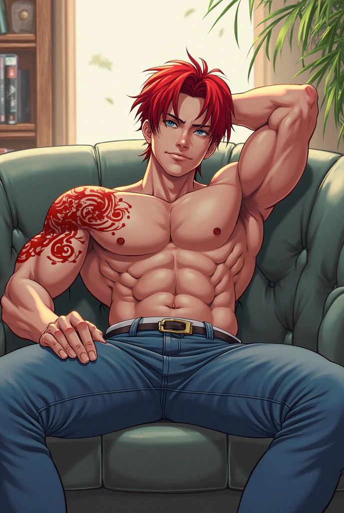 Handsome and muscular man, sitting on top of a table with legs open, big penis,erect penis, no clothing,hairless,long orange hair tied in a bun, freckles and blue eyes,anime classics of kimetsu no yaiba,hairless, whole body, without underwear, scar on the left side of the neck