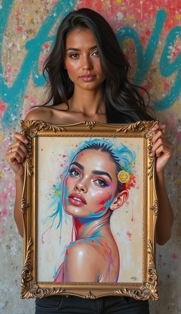 a cyborg girl in a large bright studio, creating a self-portrait on canvas, metallic skin reflecting light, long metal hair framing her face, bright eyes shimmering with confidence and creative inspiration, graceful pose showing off mechanical limbs, hands holding brushes immersed in the painting process, the outline of the self-portrait coming to life with oil paints, beautiful shiny smooth skin, high quality, best quality, absurdres, masterpiece, beautiful, intricate details, 1/2 body crop, slim body, beautiful figure, magnificent anatomy, intricate details, HDR, intricate details, hyper-detailing, natural skin textures, hyper realistic, soft light, sharp