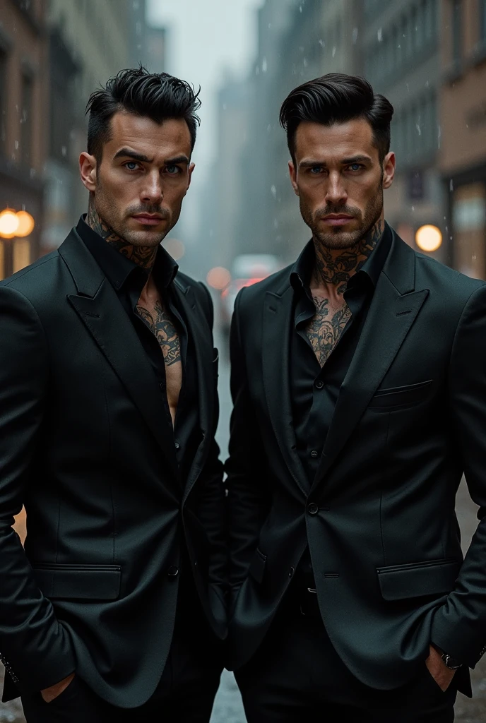 Three 35-year-old European men, like young male lovers, blue eyes clear，Full chest muscles，swelling of chest muscles，Sexy and charming eyes，they are together, Everyone is wearing stylish black leather pants，all topless, they are posing for fashion editorial, photo shoot, Face, Pop music, fashion editorial, Our view of them is from shoulders to head, garden，Ink flower background