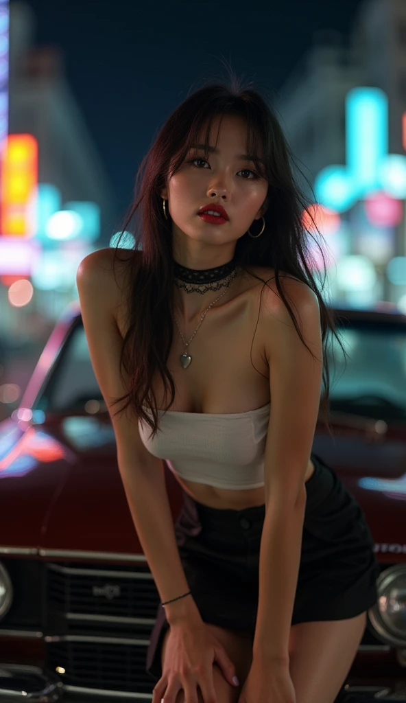 Bom pirang menawan dengan tampilan terinspirasi retro yang memberi penghormatan pada tahun 80-an. Rok denim berpinggang tinggi dengan warna acid-wash mengikuti lekuk tubuhnya, dipadukan dengan crop top neon yang menonjolkan pancaran sinarnya. Rambut emasnya yang bergelombang dan disinari matahari membingkai mata biru lautnya yang menawan. Berpose di arcade yang dipenuhi lampu neon, resolusi UHD menangkap detail cerah dari mahakarya retro 4K ini