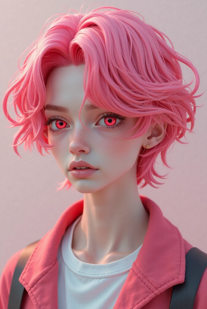 19 year old boy with white skin,
pale skin Messy hair 
Bright blood red 
Red hair
light pink eyes
Very pink eyes
Pink eyes 
Wearing a black sweatshirt with pink details