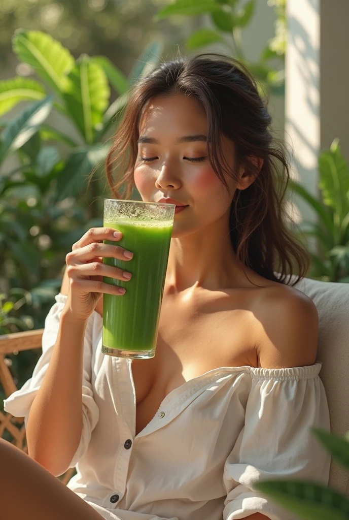 Sexy woman drinking moringa & her background green tesfalem moringa in it