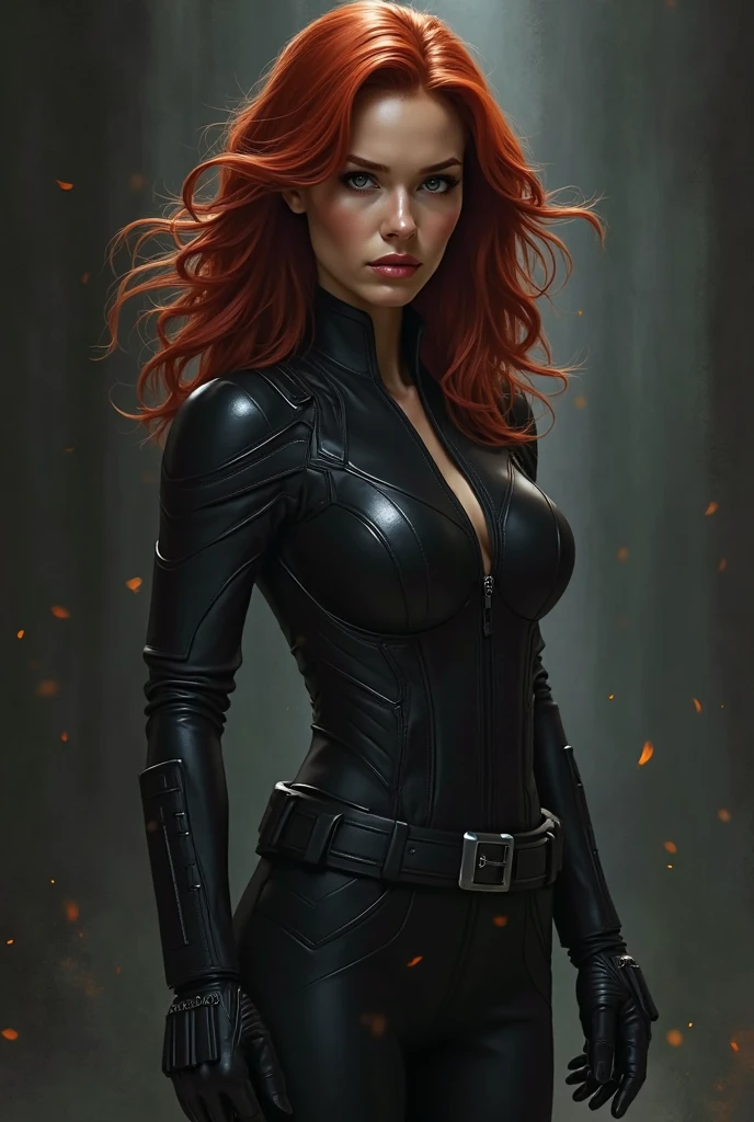 (best quality,4k,8k,highres,masterpiece:1.2),ultra-detailed,(realistic,photorealistic,photo-realistic:1.37), Christina Hendricks portraying the characters of Black Widow from marvel comics in a hyper-realistic masterpiece. High-quality facial research of Christina Hendricks, (Christina's sculpted cheekbones and slight wrinkles around the face), 48 years old, High-quality detailed research of Christina Hendricks voluptuous figure. Sexy,dangerous,beautiful detailed eyes,beautiful detailed lips,longeyelashes,bold and intense gaze, voluptuous figure,skin-tight black leather suit, , utility belt, fingerless gloves, metal armbands, boots, glamorous,confident expression,fierce and powerful stance,mysterious aura,red hair flowing in the wind,Dramatic lighting,high contrast,highly saturated colors,shadows and highlights, 8k wallpaper, smoke and sparks surrounding her, cleavage, buxom and mature