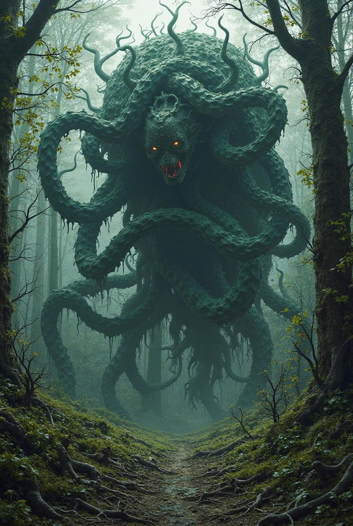 realistic art, masterpiece, beautiful detail, oilpaint, smooth sketch,intense shadows,depth of field,wide shot,blurry background,madness,(cthulhu_mythos),(one_huge_eyeball:1.3),red_eyeball,(blood vessels:1.3),(tentacles:1.3),(ruins:1.25),stone pillar,(banyan tree:1.25),(golden hour lighting:1.1),cloudy,in winter,(snowy:1.25),(fire:1.2)