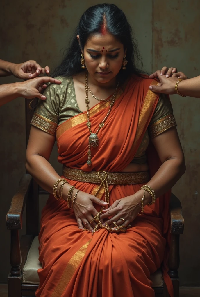Indian housewife in saree tied to chair with ropes and tightly gagged with ball gag by four goons, realistic art