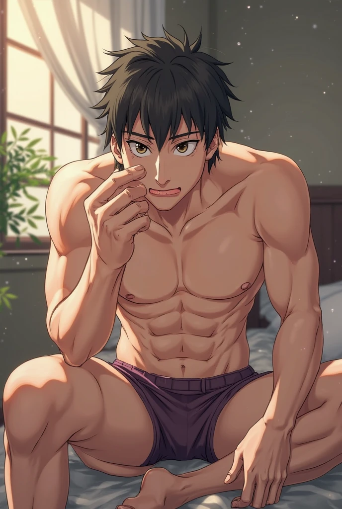 1boy,20 years old,manly,standing,(Put a square of bread in mouth),Giraffe pattern boxer briefs,Lower abdomen,thighs,Modern Living Room,stylish,looking away,(black eyes,detailed eyes),detailed skin,masterpiece