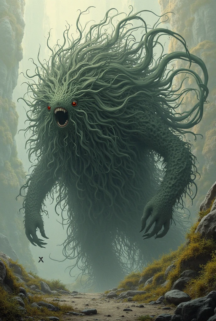 Jungle scenery with dense trees, The monster appears to be comprised of a body made of interwoven thorny branches, body is no like human is like unregular ball, with a shape similar to an octopus. It has eight thin, thorny arms resembling tentacles, each ending in a sharp, on end some arms are horrible eyes, monster He wraps his arms around trees, sun shine