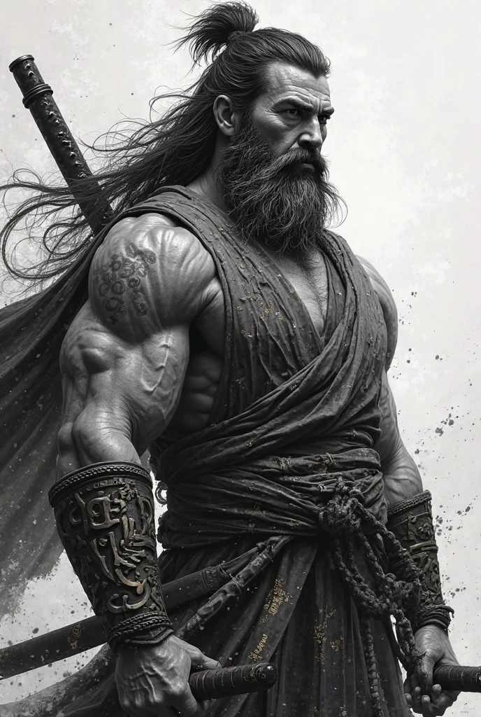 A muscular man with a beard and long black hair, Very long beard and tied hair, angry, the skin of a lion is tense, he has an ax in his hand, he is angry, it is raining and a storm is falling, and there is a broken sword on his back, a muscular man with a grim pose, a beautiful and fierce face, like a villain, his eyes are red is, high quality, masterpiece --auto