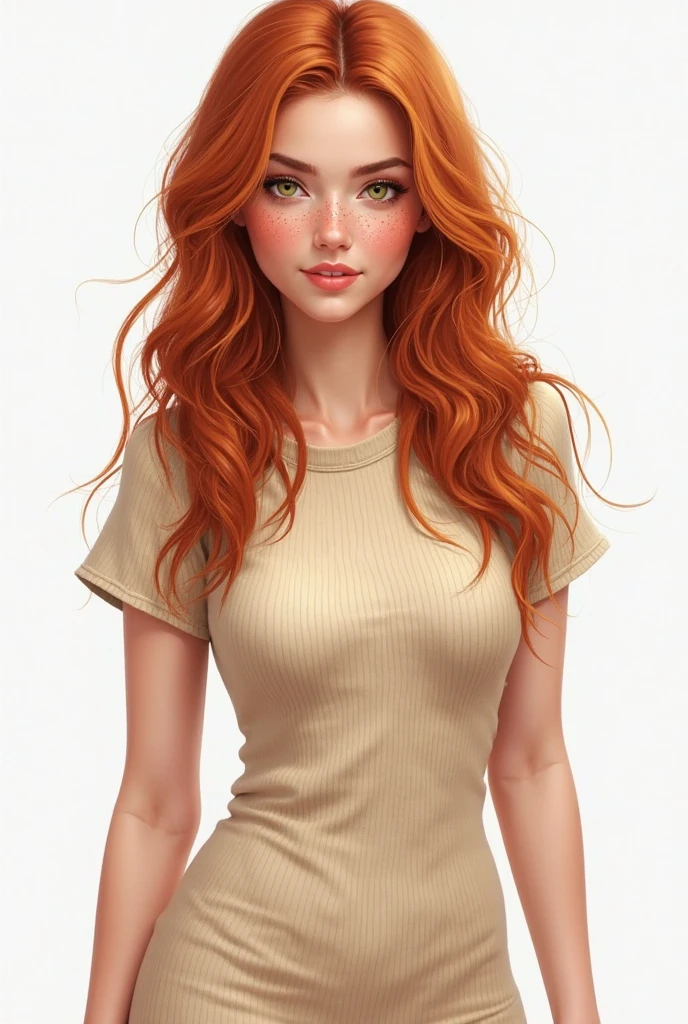 
A richly detailed illustration of a young woman with long, wavy auburn hair and freckles adorning her face. She wears a white turtleneck sweater and a beige skirt, her legs crossed in a comfortable position. The background is a plain white, focusing attention on the woman's striking features and vibrant attire. A touch of dark fantasy is present in her intense gaze, as if she's a captivating enchantress in a mystical realm., vibrant, dark fantasy, illustration